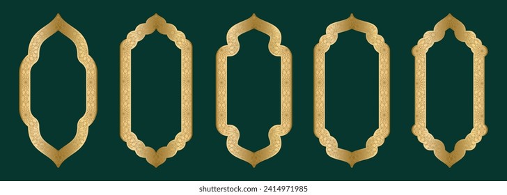 Forma de marco de arco de oro puerta o ventana islámica con un patrón geométrico de girikh, silueta arco árabe. Lujo en un estilo oriental. Marcos de diseño árabe musulmán para Ramadan Kareem. Ilustración del vector