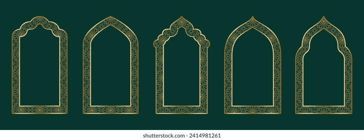 Gold arch frame shape Islamic door or window with geometric girikh pattern, silhouette Arabic arch. Luxury set in oriental style. Frames in Arabic Muslim design for Ramadan Kareem. Vector illustration