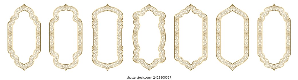 Gold arch frame shape Islamic door or window with geometric girikh pattern, silhouette Arabic arch. Collection in oriental style. Frames in Arabic Muslim design for Ramadan Kareem. Vector illustration