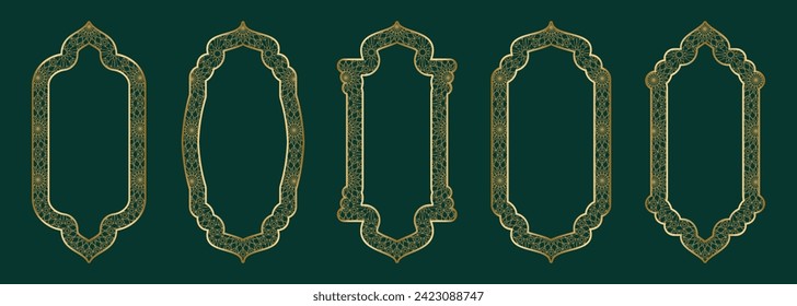 Gold arch frame shape Islamic door or window with geometric girikh pattern, silhouette Arabic arch. Luxury set in oriental style. Frames in Arabic Muslim design for Ramadan Kareem. Vector illustration