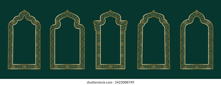 Gold arch frame shape Islamic door or window with geometric girikh pattern, silhouette Arabic arch. Luxury set in oriental style. Frames in Arabic Muslim design for Ramadan Kareem. Vector illustration