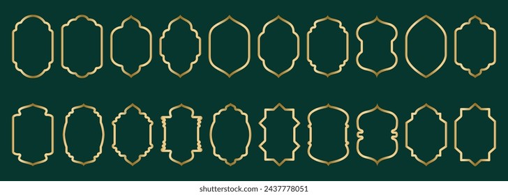 Goldbogenrahmen Form Islamische Tür oder Fenster, geometrisches Muster, Silhouette Arabischer Bogen. Luxus im orientalischen Stil. Rahmen im arabisch-muslimischen Design für Ramadan Kareem. Vektorgrafik