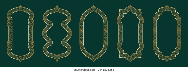 Gold arch frame shape Islamic window door with geometric girikh pattern, silhouette Arabic arch. Luxury set in oriental style. Frames in Arabic Muslim design for Ramadan Kareem. Vector illustration