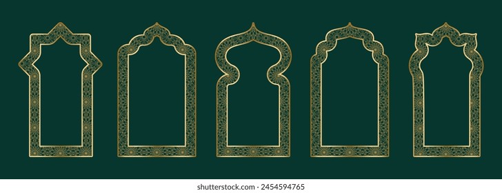 Gold arch frame shape Islamic door or window with geometric girikh pattern, silhouette Arabic arch. Luxury set in oriental style. Frames in Arabic Muslim design for Ramadan Kareem. Vector illustration