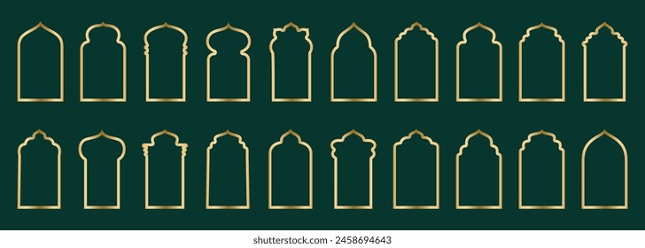 Gold arch frame shape Islamic door or window with geometric girikh pattern, silhouette Arabic arch. Luxury set in oriental style. Frames in Arabic Muslim design for Ramadan Kareem. Vector illustration