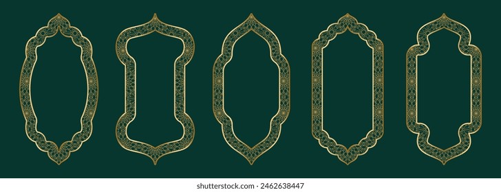 Gold arch frame shape Islamic door or window with geometric girikh pattern, arabesque Arabic arch. Luxury set in oriental style. Frames in Arabic Muslim design for Ramadan Kareem. Vector illustration