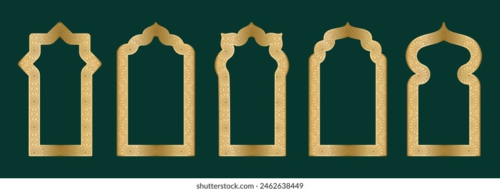 Gold arch frame shape Islamic door or window with geometric girikh pattern, silhouette Arabic arch. Luxury set in oriental style. Frames in Arabic Muslim design for Ramadan Kareem. Vector illustration
