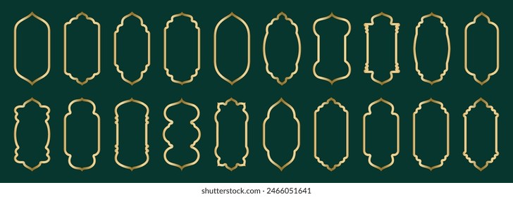 Gold arch frame shape Islamic door or window with geometric girikh pattern, silhouette Arabic arch. Luxury set in oriental style. Frames in Arabic Muslim design for Ramadan Kareem. Vector illustration