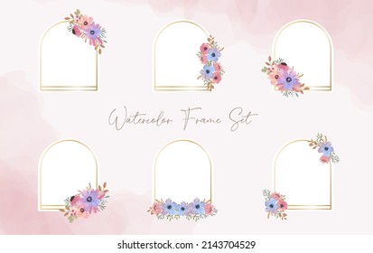 Gold arch frame with watercolor floral arrangement element. Set of Watercolor botanical wreath