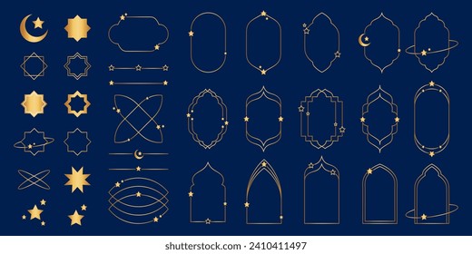 Gold arch frames with stars and crescent. Islamic modern minimalist aesthetic linear set elements. Lineart geometric shapes. Boho line art vector illustration for social media, poster