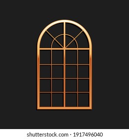 Gold Arched window icon isolated on black background. Long shadow style. Vector.