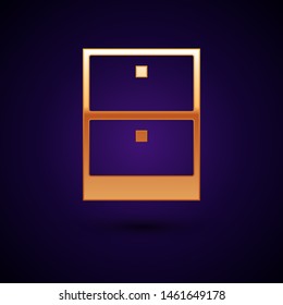 Gold Archive papers drawer icon isolated on dark blue background. Drawer with documents. File cabinet drawer. Office furniture.  Vector Illustration