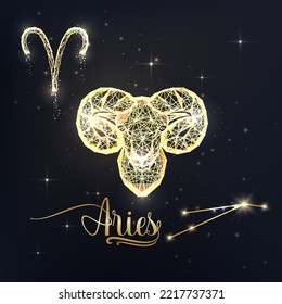 Gold Aries zodiac sign poster with ram zodiac figure, symbol glyphs, constellation and zodiac name on black background. Glowing low polygonal style. Modern abstract design vector illustration