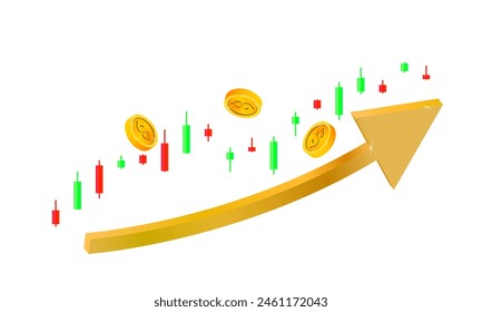 Flecha de oro hacia arriba con monedas y candelabros Ilustración vectorial de Tecnología de Finanzas del Mercado de Valores