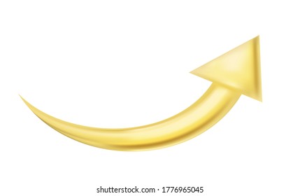Gold arrow isolated on white background. Development minumalisric concept. Direction sign made in realistic style. Vector illustration.