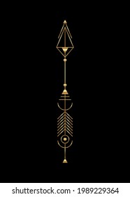 Gold arrow luxury design. Vector minimalism, sacred geometry totem, hipster design elements. vector art, clipart. Golden Abstract Mystic Geometric symbols isolated on black background 
