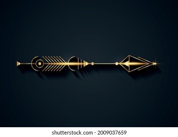 Gold arrow luxury design. Vector minimalism, sacred geometry totem, hipster design elements. vector art, clipart. Golden Abstract Mystic Geometric symbols isolated on black background 