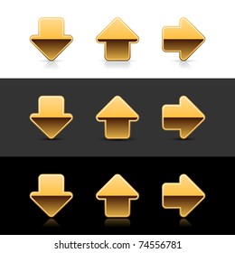 Gold arrow sign web 2.0 icon with shadow and reflection on white, gray and black