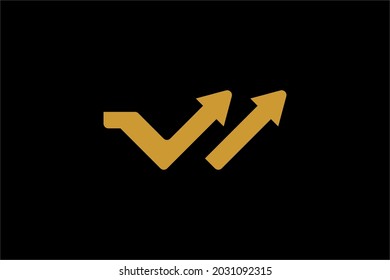 Diseño del logo de las flechas de oro. Signo de ilustración de reflexión. Símbolo abstracto de letra W. Icono de vector de flecha de contorno.