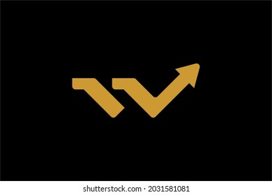 Gold arrows logo design. Reflection illustration sign. Letter W abstract symbol. Outline arrow vector icon.