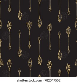 Gold arrows seamless pattern - doodle boho arrows texture design. Vector illustration
