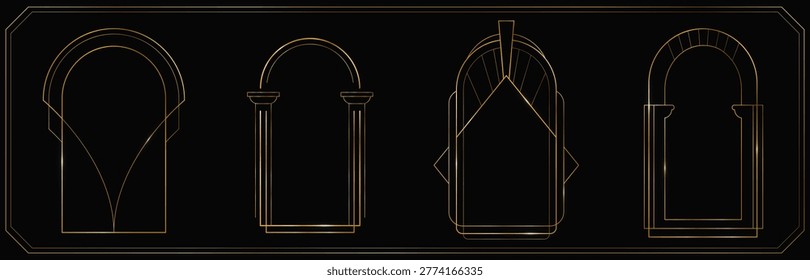 Gold art deco frame collection with elegant arch borders and golden lines, vector illustrations on black background. Luxury geometric ornaments for boho design, minimalist plaques, wedding invitations