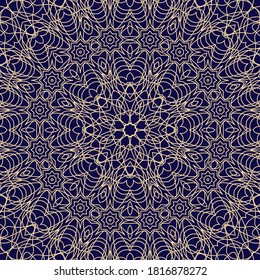 Gold art deco geometric mandala tile print. Vector seamless pattern. Gold mandala flowers ornament on dark blue background. Art deco style tile or fabric print seamless pattern. Flolral cool elements.