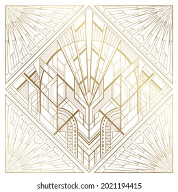 Gold art deco illustration with ornament on white background