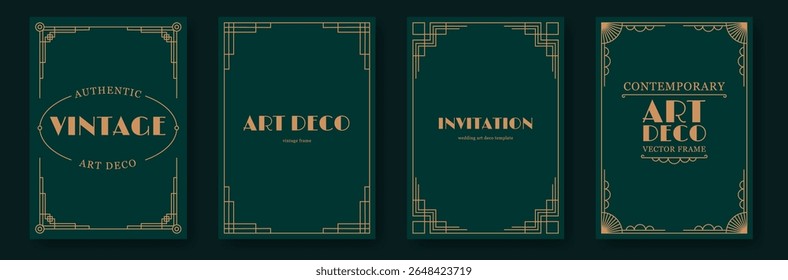 Gold art deco invitation cards. Elegant vintage wedding invitation posters with luxury geometric frames, creative gala party flyer design with decorative thin line border. Vector frame set.