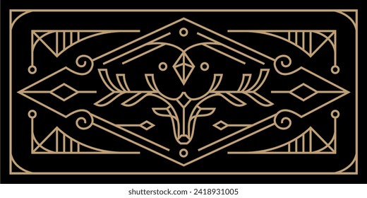 diseño de línea sagrada de ciervos dorados art deco. dibujo vintage del diseño geométrico de la pared de la cabeza de ciervo con ornamento detallado de la ilustración mística vectorial.