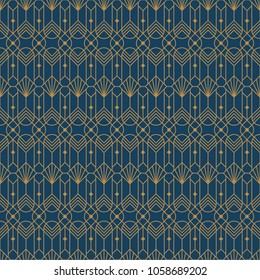 Gold Art Deco Seamless Pattern On Dark Blue Background