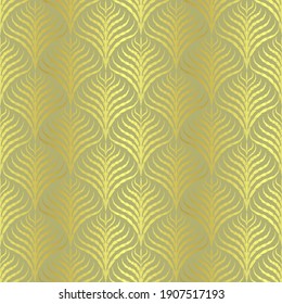 Patrón sin fisuras de arte dorado en vector. Papel o tela de seda, patrón decorativo de hojas sobre fondo amarillo brillante 
