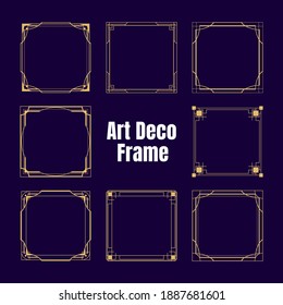 Gold art deco square borders and frames isolated collection. Trendy vintage luxury ornament design elements set. Retro golden geometry line patterns decoration. Vector graphic artwork illustration.