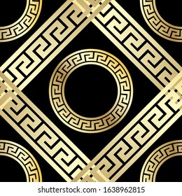 gold art decorated rings and ribbons are arranged in a specific order on a black background. ancient greek seamless pattern. vector
