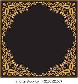 Gold Art Nouveau scrolls frame with lily and tulip flowers, golden floral border on a black background. Greeting card vignette, invitation, square pocket range, carpet