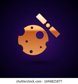 Gold Artificial satellites orbiting the planet Earth in outer space icon isolated on black background. Communication, navigation concept.  Vector Illustration