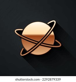 Gold Artificial satellites orbiting the planet Earth in outer space icon isolated on black background. Communication, navigation concept. Long shadow style. Vector