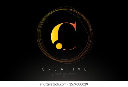 Gold Artistic C Letter Logo Design With Creative Circular Wire Frame around it Vector Illustration.