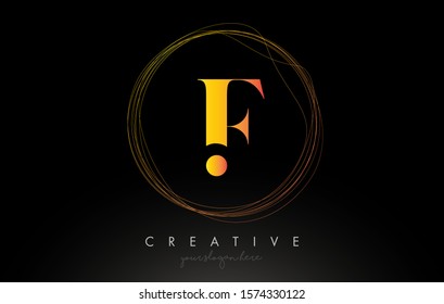 Gold Artistic F Letter Logo Design With Creative Circular Wire Frame around it Vector Illustration.