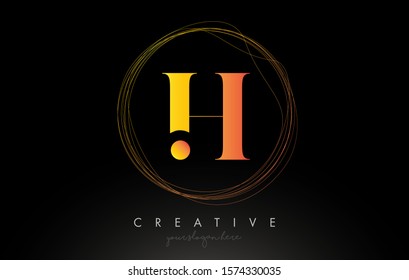 Gold Artistic H Letter Logo Design With Creative Circular Wire Frame around it Vector Illustration.