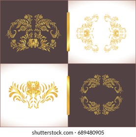  Gold artistic pages set. Decorative luxury greeting card or invitation template. Celebration background with golden ornament. Vector golden border for design template. 