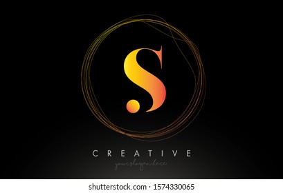 Gold Artistic S Letter Logo Design With Creative Circular Wire Frame around it Vector Illustration.