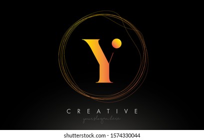 Gold Artistic Y Letter Logo Design With Creative Circular Wire Frame around it Vector Illustration.