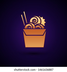 Gold Asian noodles in paper box and chopsticks icon isolated on dark blue background. Street fast food menu. Korean, Japanese, Chinese food.  Vector Illustration