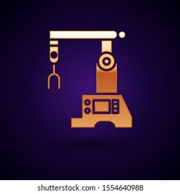 Gold Assembly line icon isolated on dark blue background. Automatic production conveyor. Robotic industry concept.  Vector Illustration