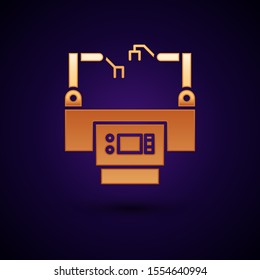 Gold Assembly line icon isolated on dark blue background. Automatic production conveyor. Robotic industry concept.  Vector Illustration