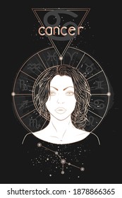 Gold astrology card. Zodiac sign Cancer, constellation and beautiful woman portrait on a dark background with horoscope circle. Vector image in gold and black color.