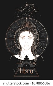 Gold astrology card. Zodiac sign Libra, constellation and beautiful woman portrait on a dark background with horoscope circle. Vector image in gold and black color.