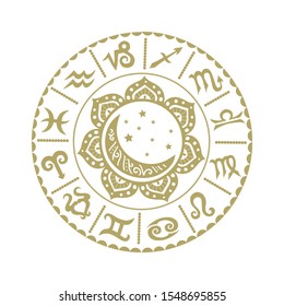gold astrology signs, sun, moon and stars, vector