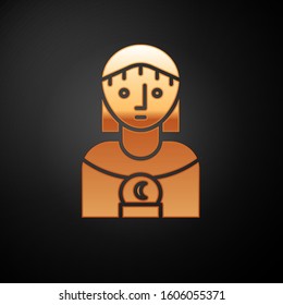 Gold Astrology woman icon isolated on black background.  Vector Illustration